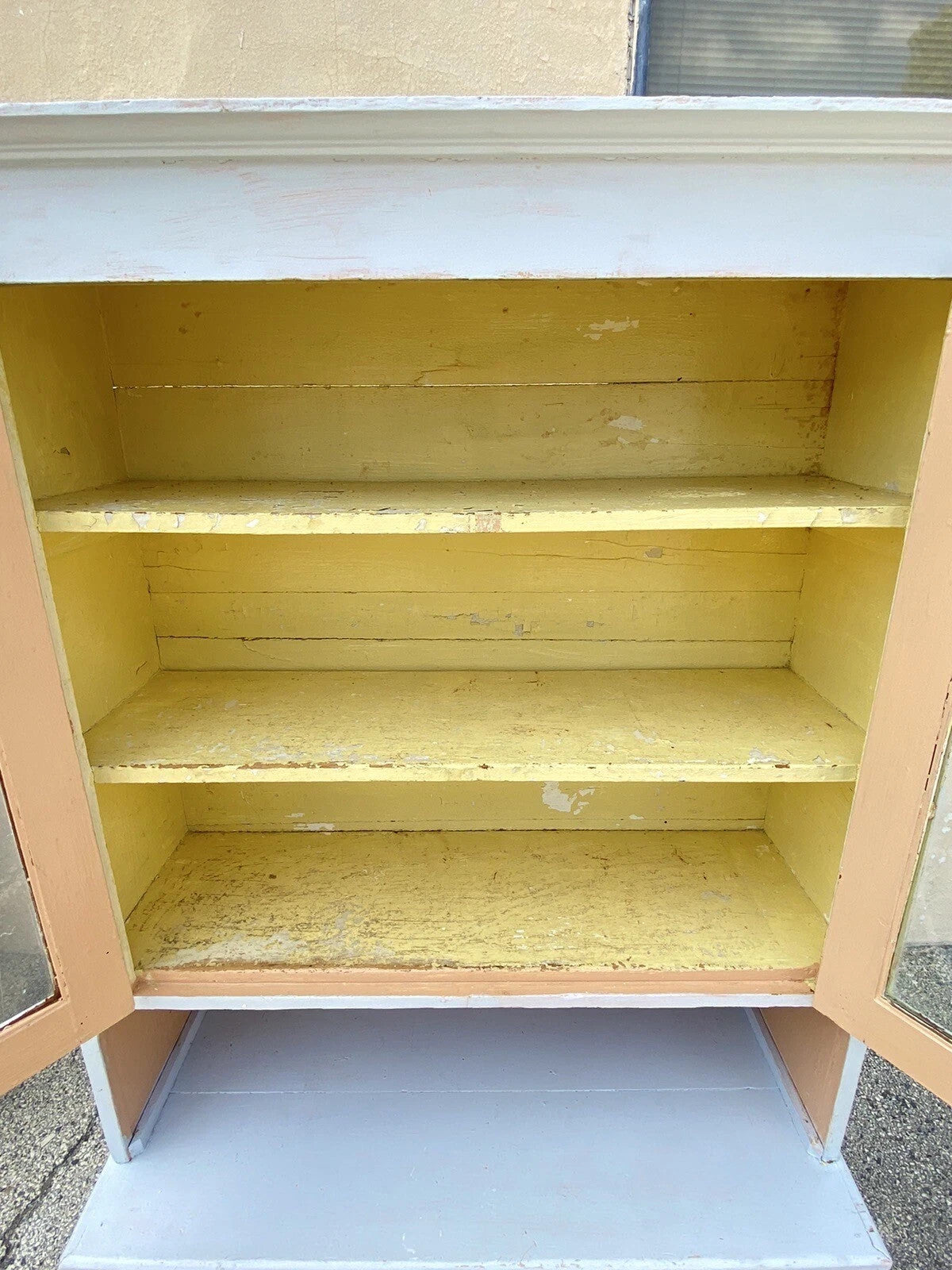 Antique French Country Farmhouse White 2 Piece Step Back Hutch Kitchen Cupboard