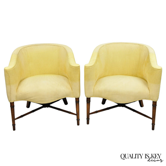 Vintage Faux Bamboo Hollywood Regency Barrel Back Club Lounge Chairs - a Pair