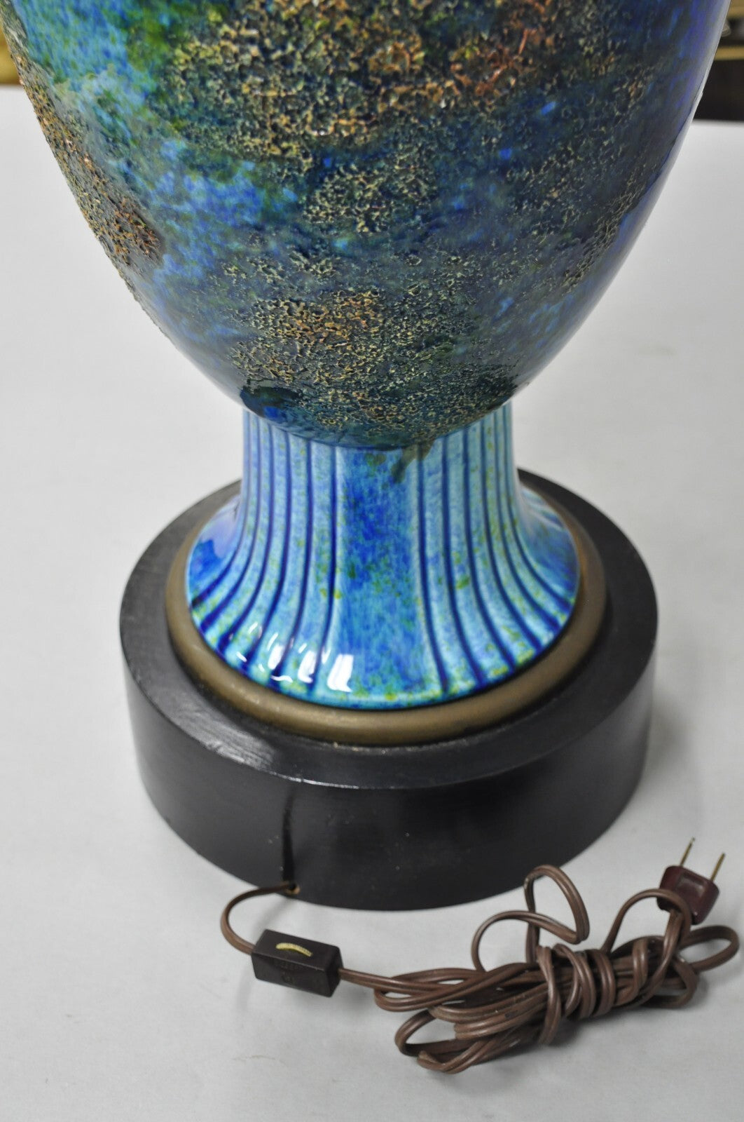 Vintage Mid Century Italian Modern Blue Glazed Ceramic Pottery Tall Table Lamp