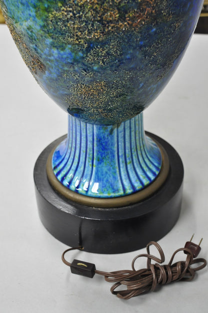 Vintage Mid Century Italian Modern Blue Glazed Ceramic Pottery Tall Table Lamp