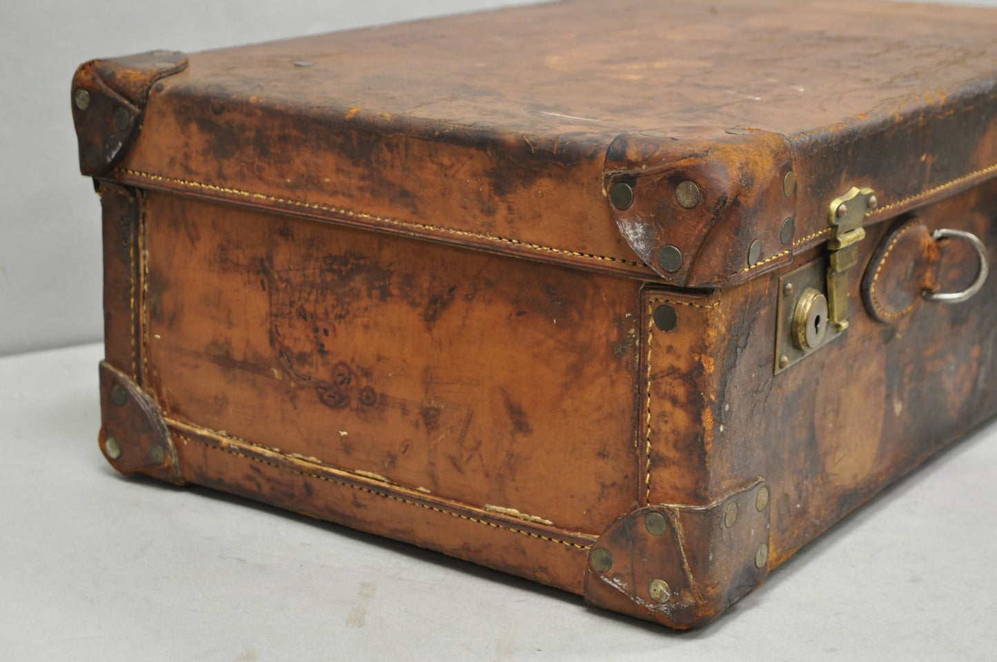 Antique Distressed Brown Leather English Art Deco 24" Suitcase Bag