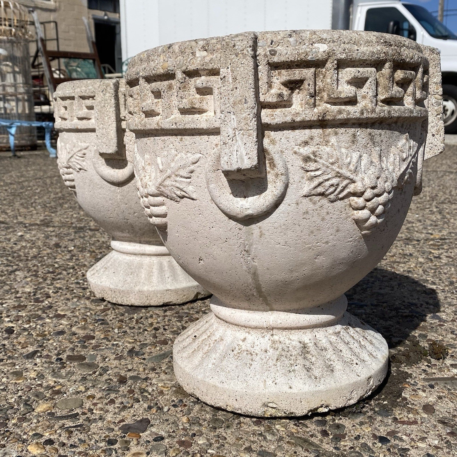 Vintage Greek Classical Style Concrete Greek Key Garden Flower Planter Pot, Pair