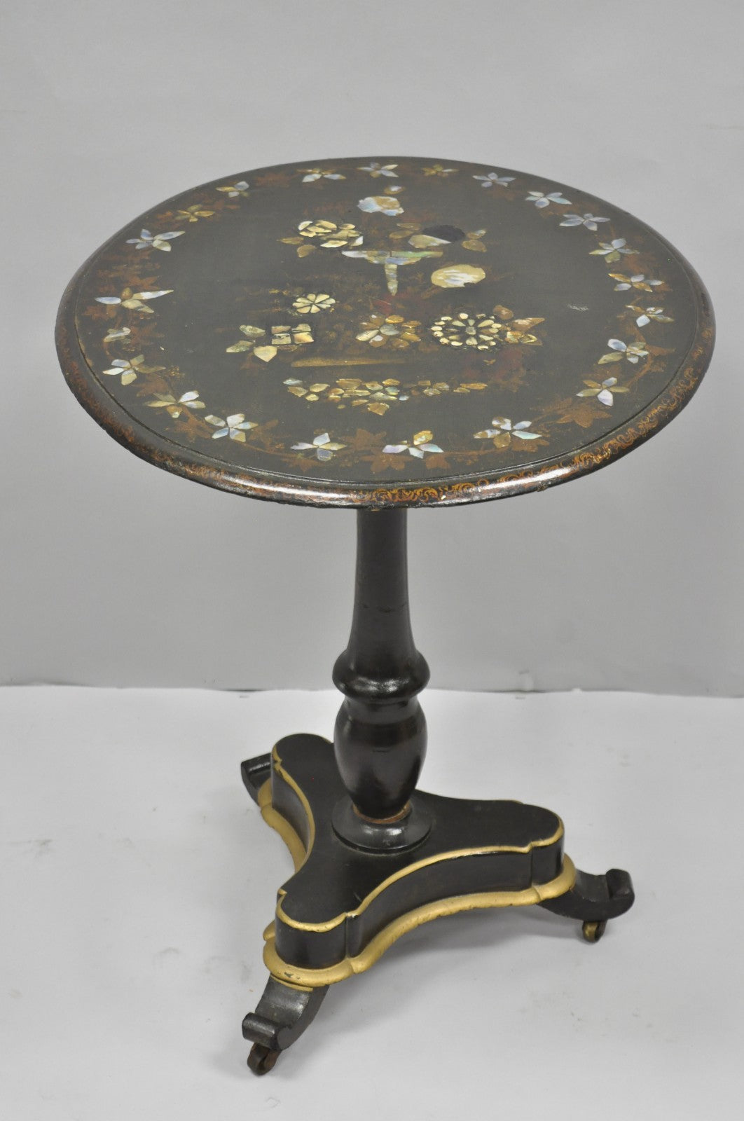 Antique English Victorian Mother of Pearl Inlay Black Lacquer Tilt Top Table