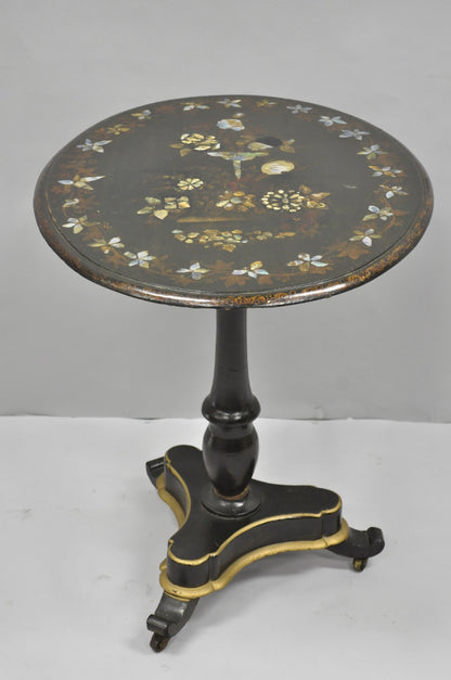 Antique English Victorian Mother of Pearl Inlay Black Lacquer Tilt Top Table