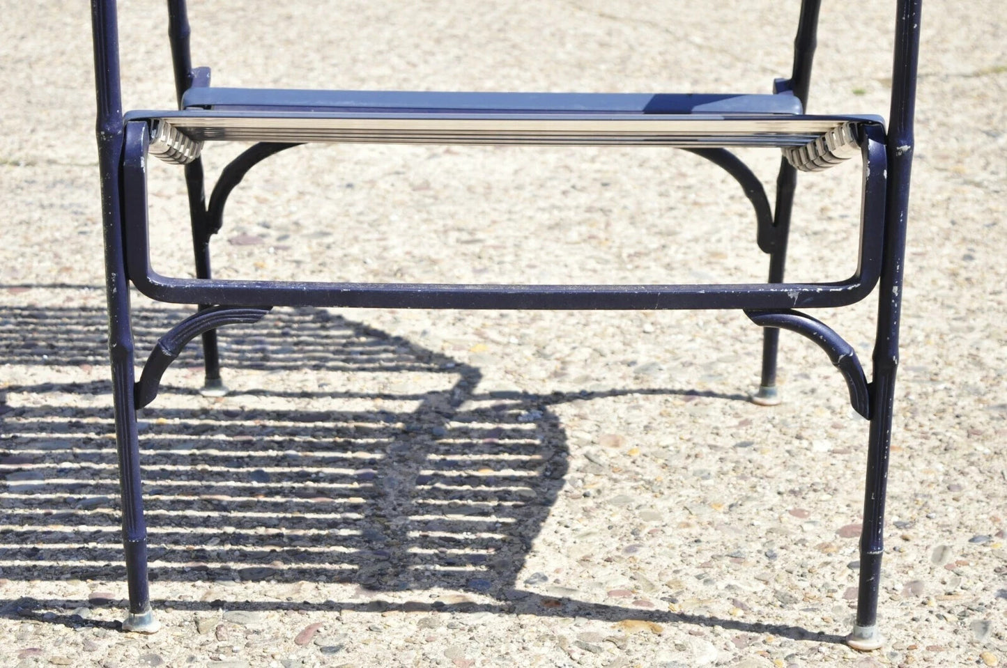 Vintage Faux Bamboo Aluminum Vinyl Strap Blue Patio Lounge Chair and Ottoman