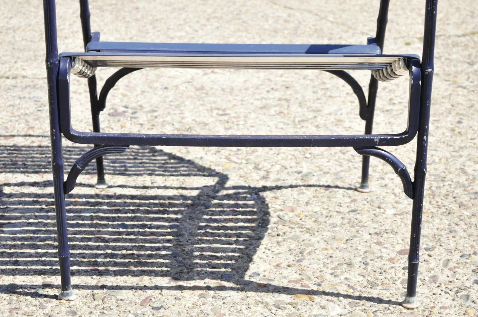 Vintage Faux Bamboo Aluminum Vinyl Strap Blue Patio Lounge Chair and Ottoman