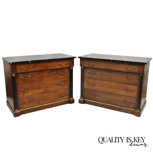French Empire Neoclassical Style Marble Top Cherry Wood Commode Chest - a Pair