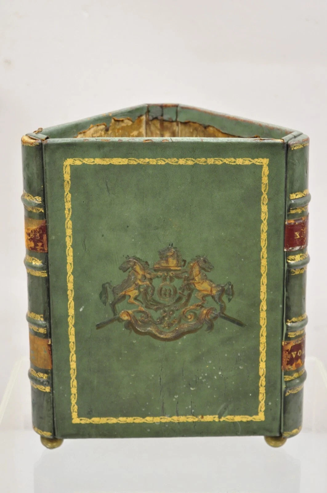 Vintage Italian Regency Green Leather Triangular Book Form Wastebasket Trash Can