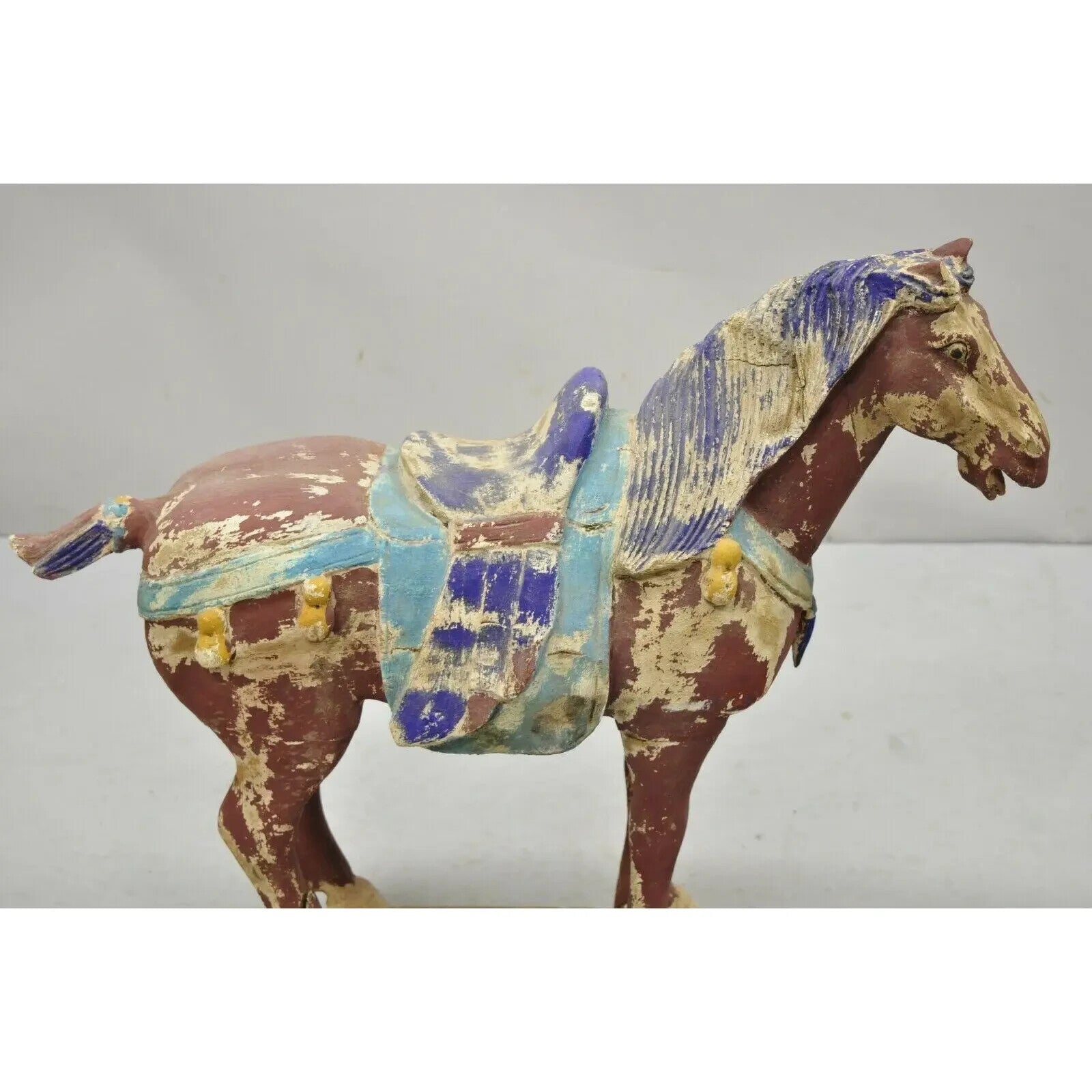 Chinese Polychrome Wooden Carved Wood 28" Tang Horse Sculpture Statue Red Blue
