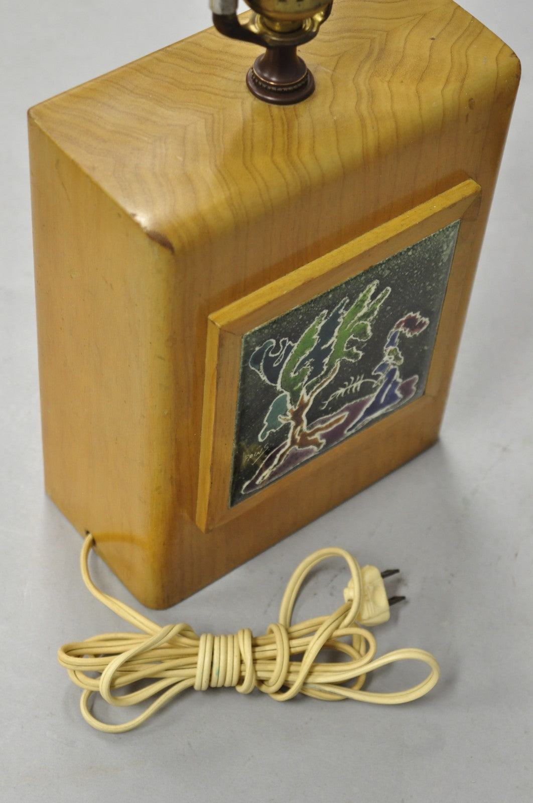Vintage J. Warner Prins Tile Mid Century Modern Cerused Wood Small Table Lamp