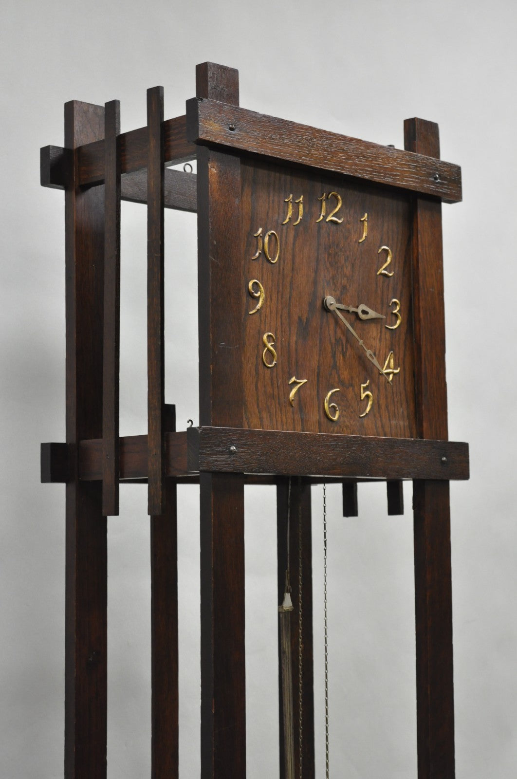 Antique Mission Arts and Crafts Oak Wood Tall Case Grandfather Clock