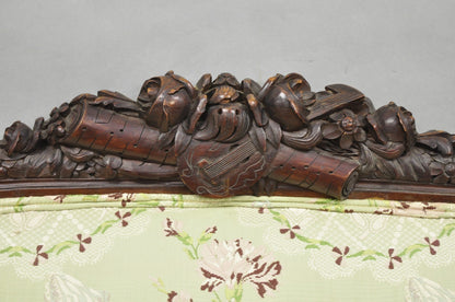 Antique Italian Renaissance Carved Walnut French Victorian Rams Head Green Sofa