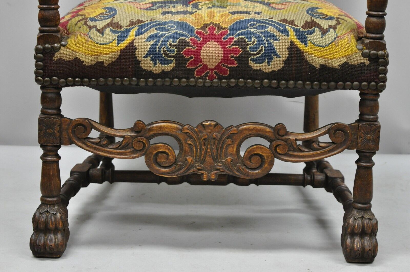 19th C. French Renaissance Needlepoint Upholstery Carved Walnut Throne Arm Chair