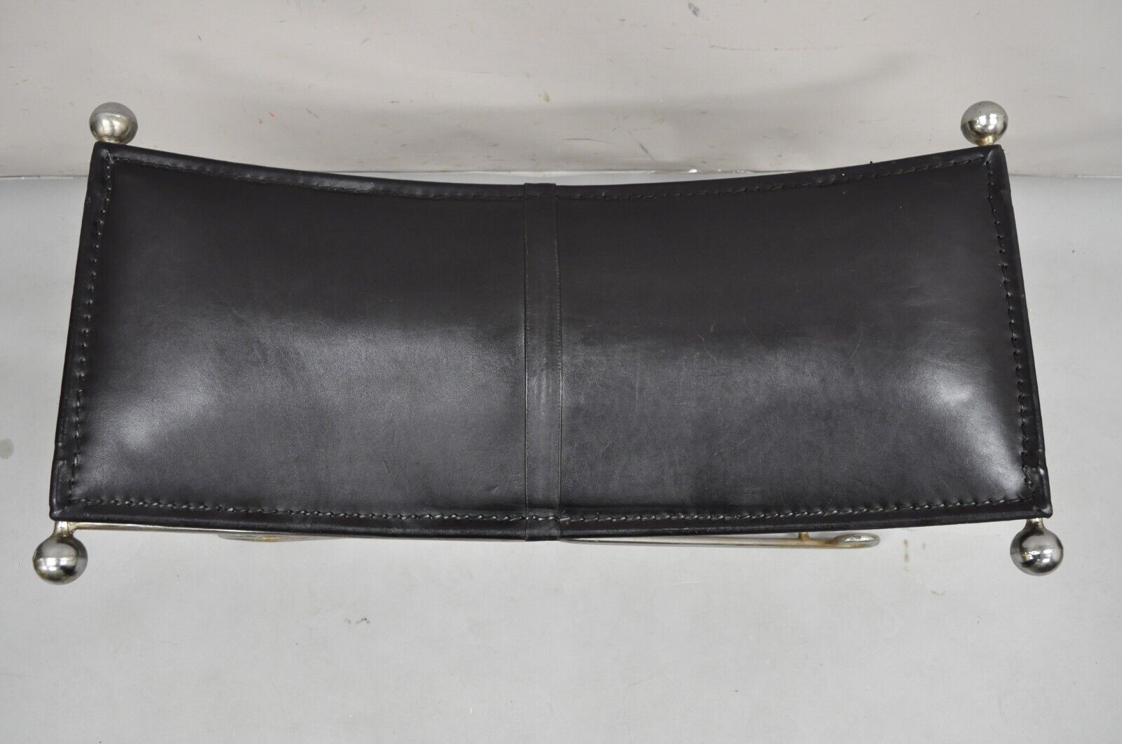 Modern Regency Style Folding Iron Metal Bench w/ Black Saddle Leather Seat