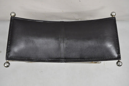 Modern Regency Style Folding Iron Metal Bench w/ Black Saddle Leather Seat