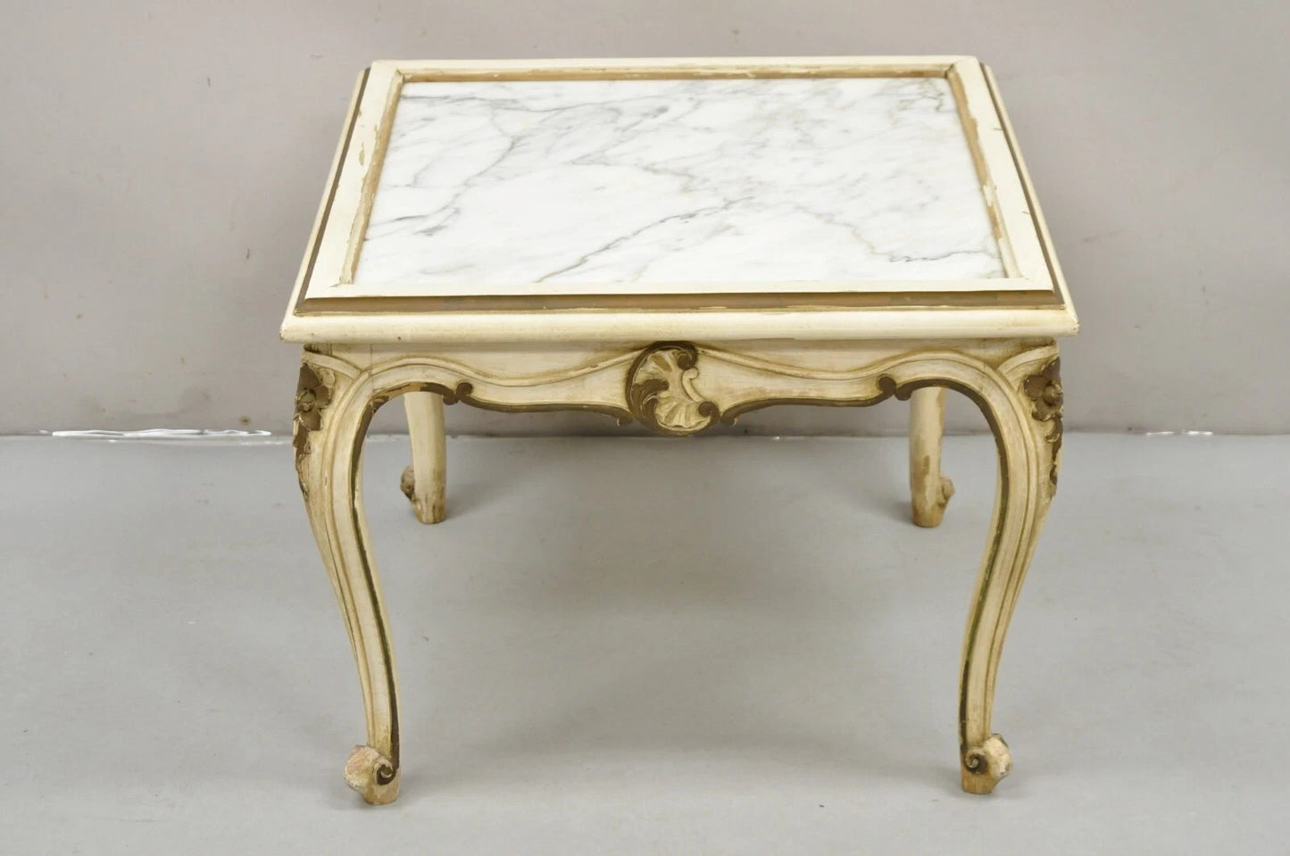 Vintage French Louis XV Style White Painted Marble Top Low Square Coffee Table