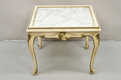 Vintage French Louis XV Style White Painted Marble Top Low Square Coffee Table