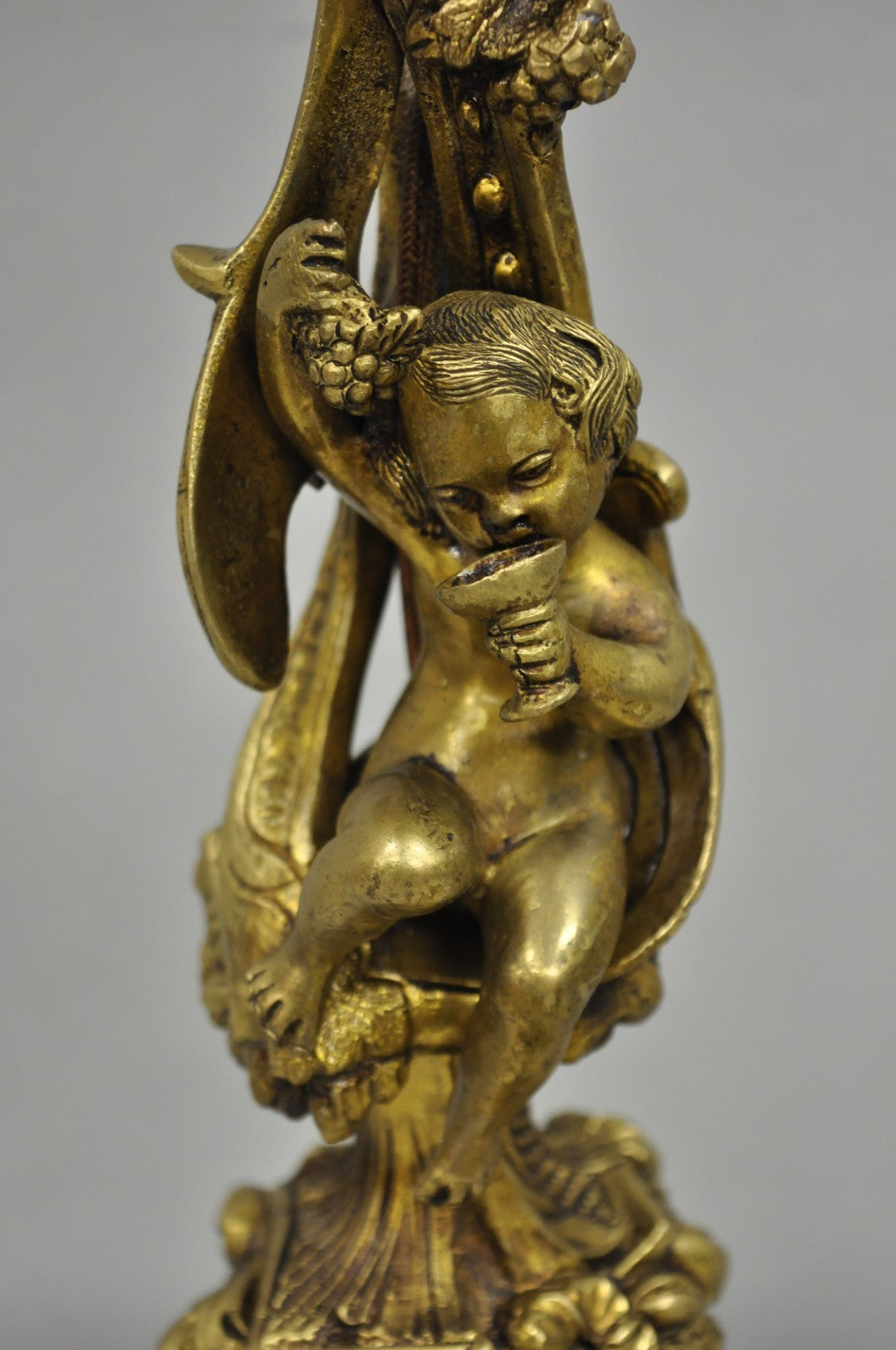 Vintage French Rococo Louis XV Brass Marble Figural Cherub Candelabra Table Lamp