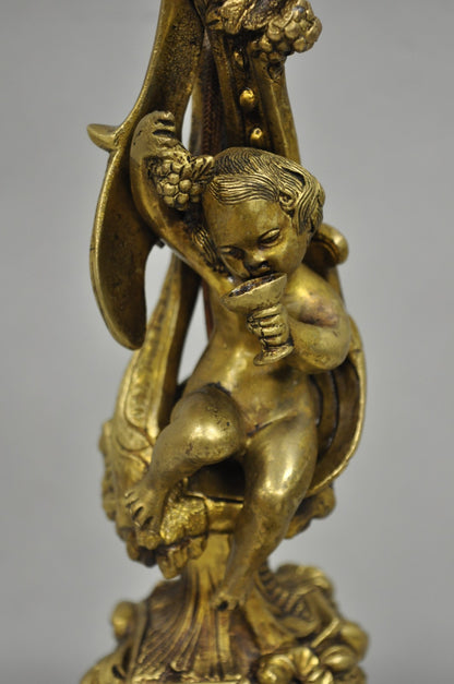Vintage French Rococo Louis XV Brass Marble Figural Cherub Candelabra Table Lamp