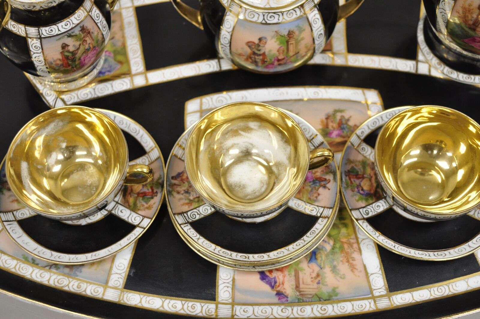 Royal Vienna Style Bohemia Czecho-Slovakia Black Porcelain Tea Set - 12 pcs