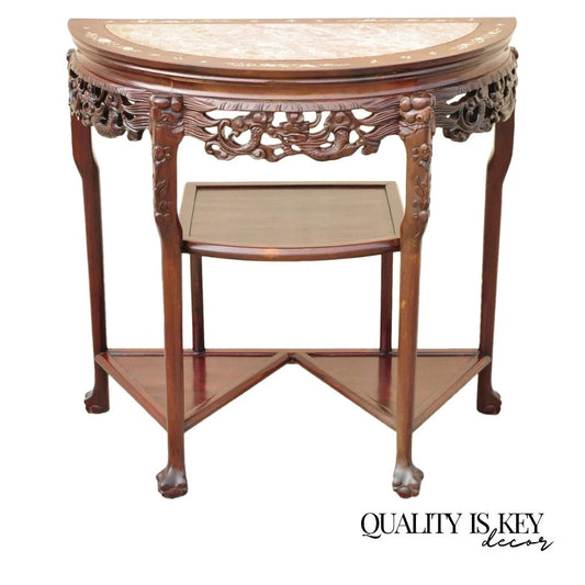Vintage Oriental Chinese Carved Hardwood Demilune Marble Top Console Hall Table