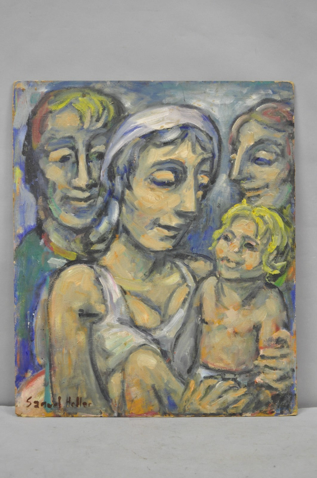 Vintage Samuel Heller "Family Portrait with Child" Oil on Board Painting, Signed