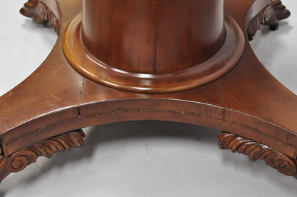 Antique American Empire 54" Square Mahogany Paw Foot Pedestal Base Dining Table