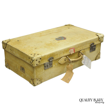 Antique 1930s French Vellum Parchment Large 30" Cream Hard Case Suitcase Luggage