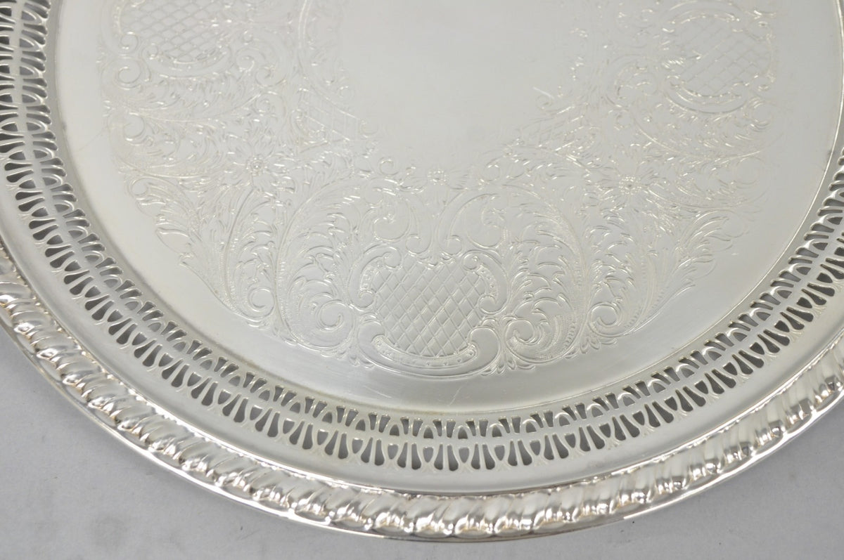 Vintage Leonard Silver Plated Pierced Gallery 12" Round Serving Platter Tray