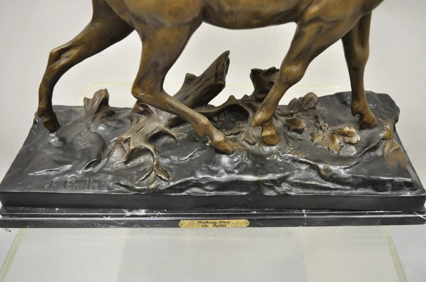 "Walking Deer" Bronze Stag Statue Sculpture on Marble Base After Charles Paillet