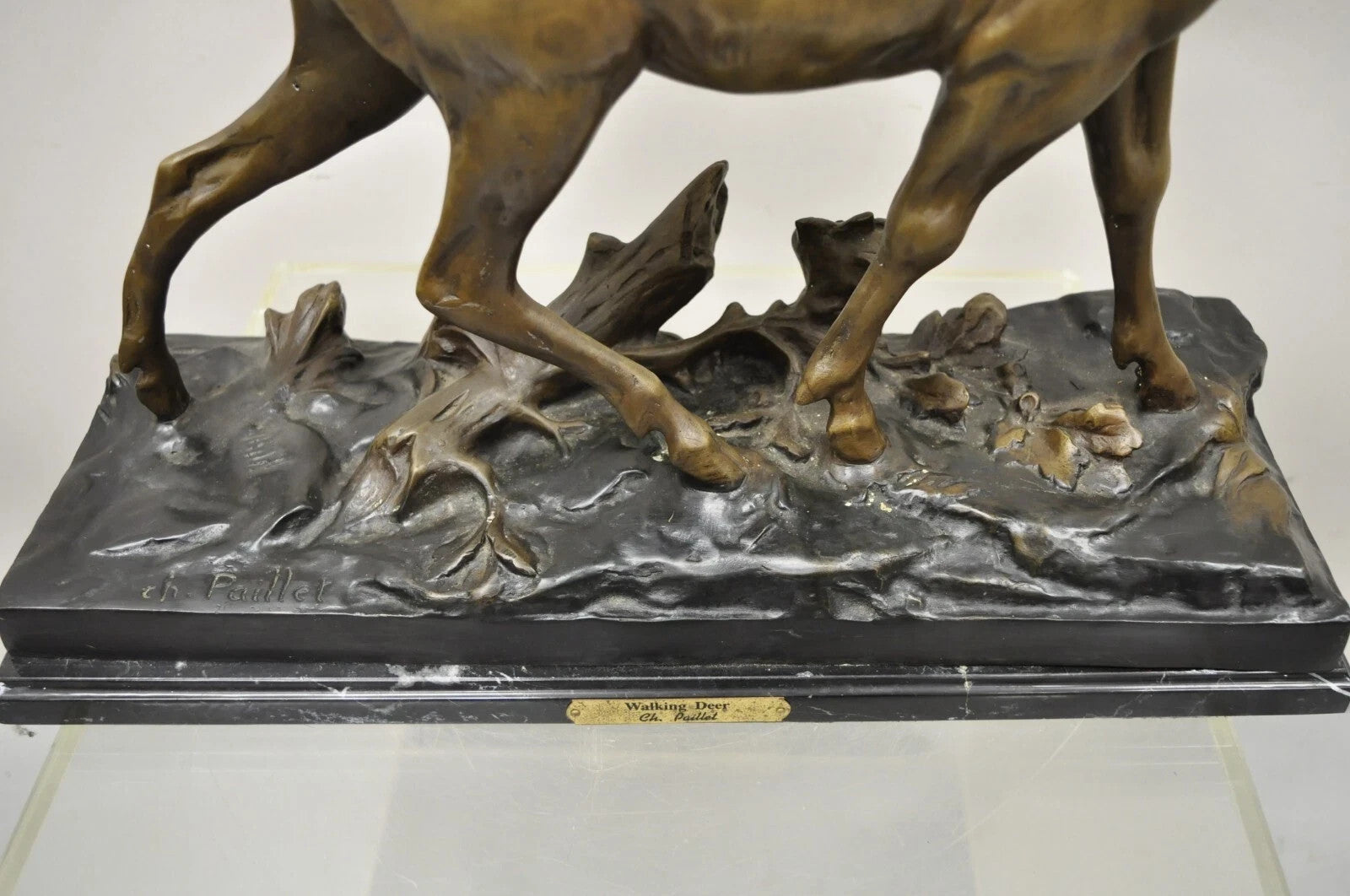 "Walking Deer" Bronze Stag Statue Sculpture on Marble Base After Charles Paillet