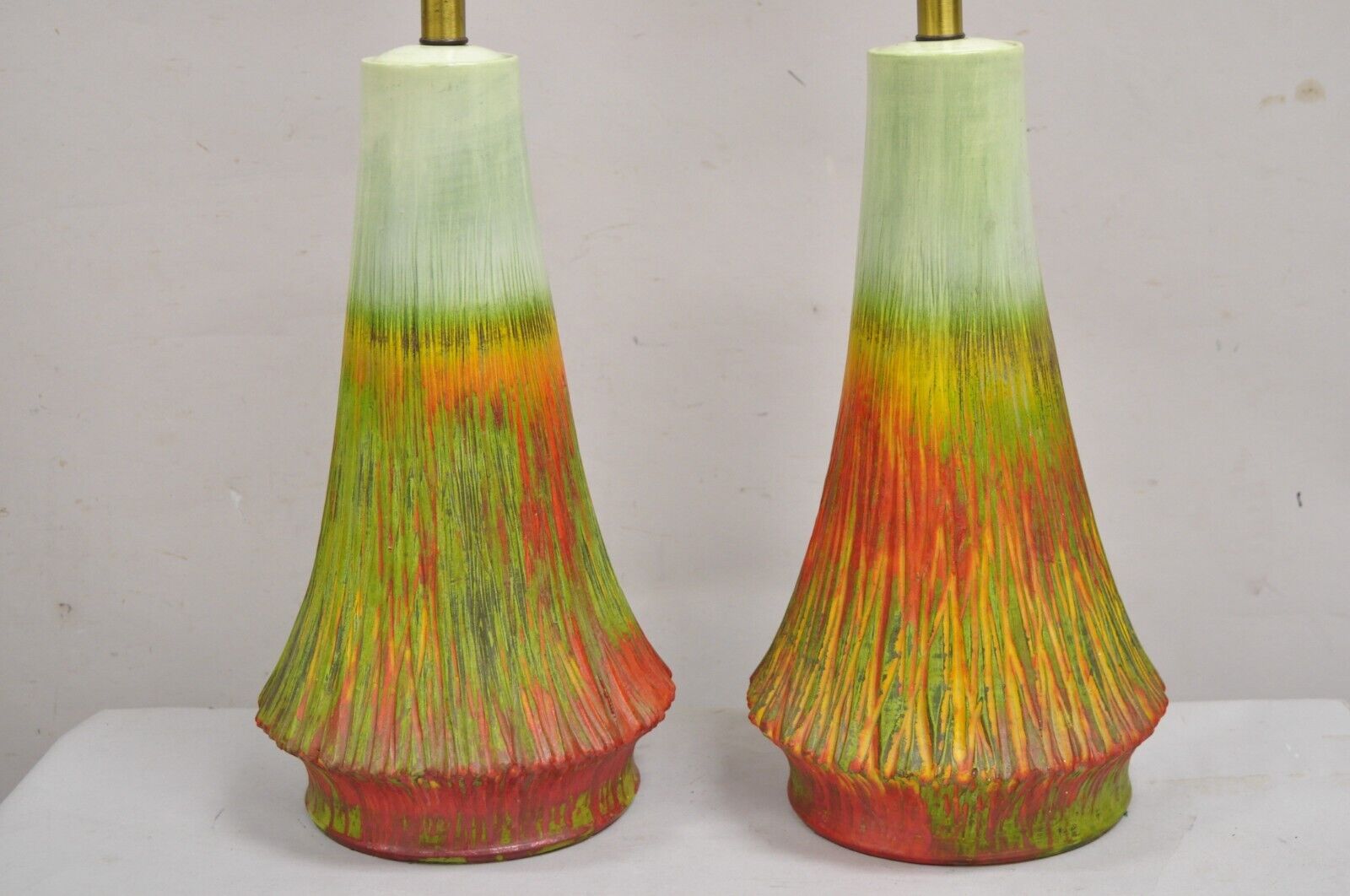 Vintage Mid Century Modern Ceramic Pottery Green Orange Flame Table Lamp - Pair