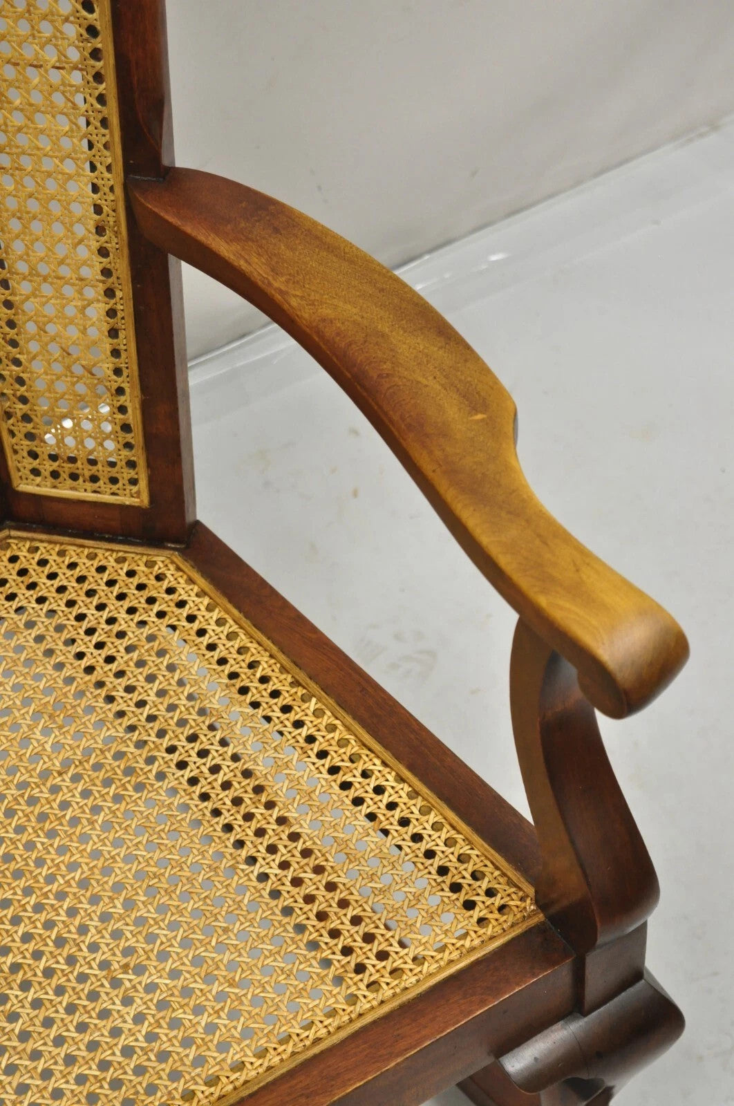 Antique Victorian Walnut and Cane Carved Rocker Rocking Chair w/ Queen Anne Legs