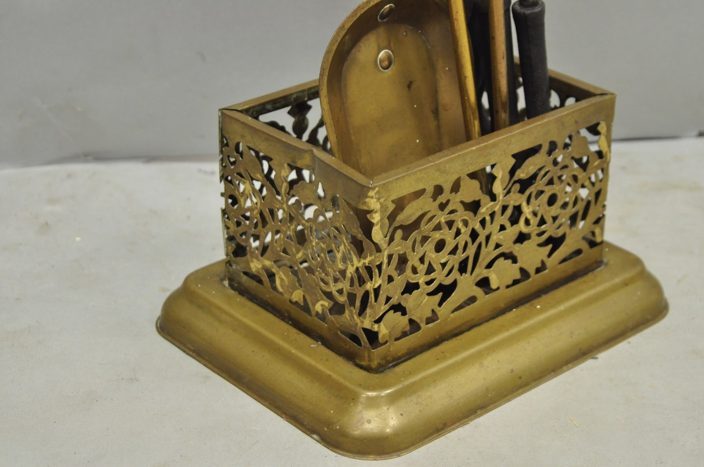 Antique English Federal Brass Urn Finial Fireplace Tool Set with Stand