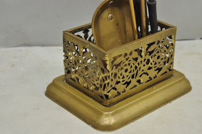 Antique English Federal Brass Urn Finial Fireplace Tool Set with Stand