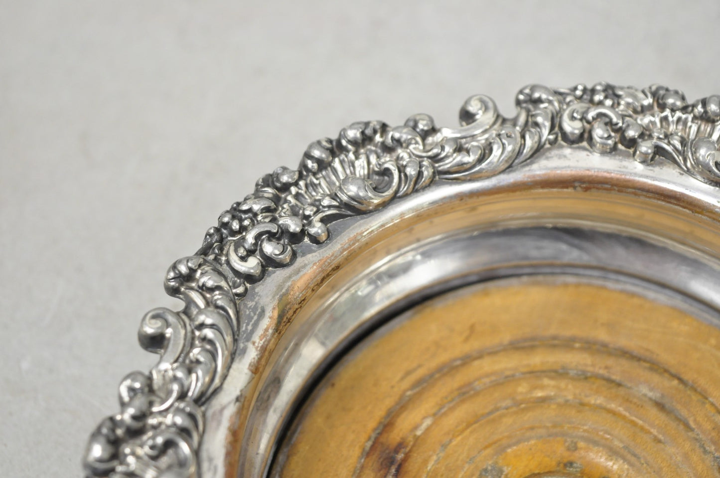 Antique English Victorian Silver Plated Floral Mahogany Bar Wine Bottle Coaster