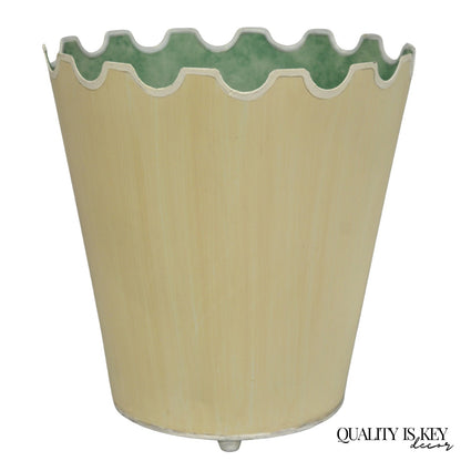 Vintage Italian Hollywood Regency Tole Metal Cream & Green Painted Wastebasket