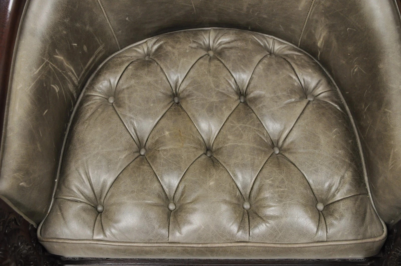 Baker Stately Homes Regency Style Grey Leather Lions Head Pull Up Tub Club Chair