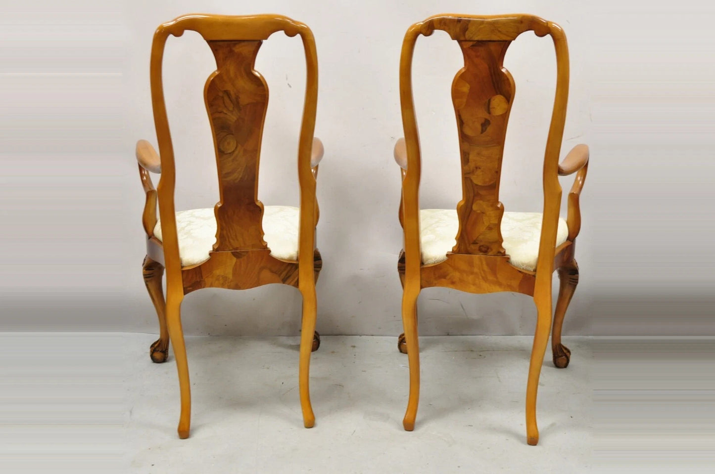 Vintage Queen Anne Style Italian Burl Wood Marquetry Inlay Arm Chairs - a Pair