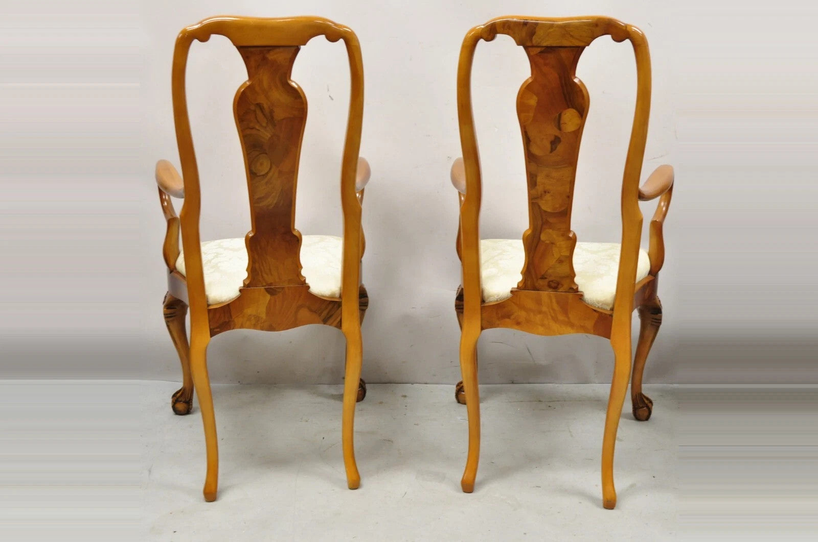 Vintage Queen Anne Style Italian Burl Wood Marquetry Inlay Arm Chairs - a Pair