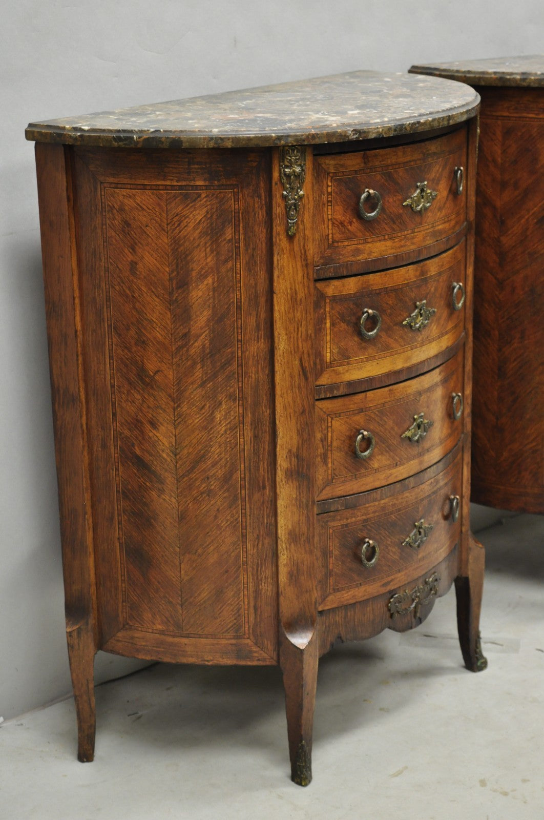 Antique French Louis XV Style Demilune Marble Top 4 Drawer Nightstand Table Pair