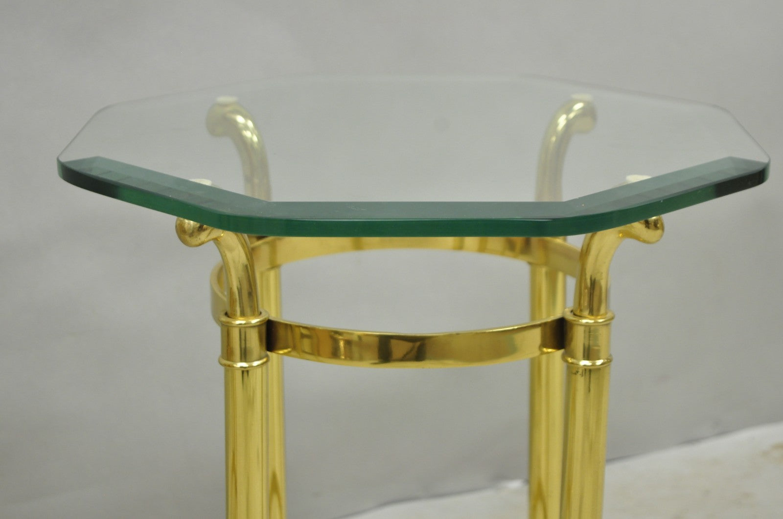 Vintage Hollywood Regency Brass Hoof Foot Glass Top Graduating Side Table - Pair