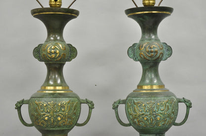 Chinoiserie James Mont Style Green Bronze Chinese Foo Dog Table Lamps - a Pair