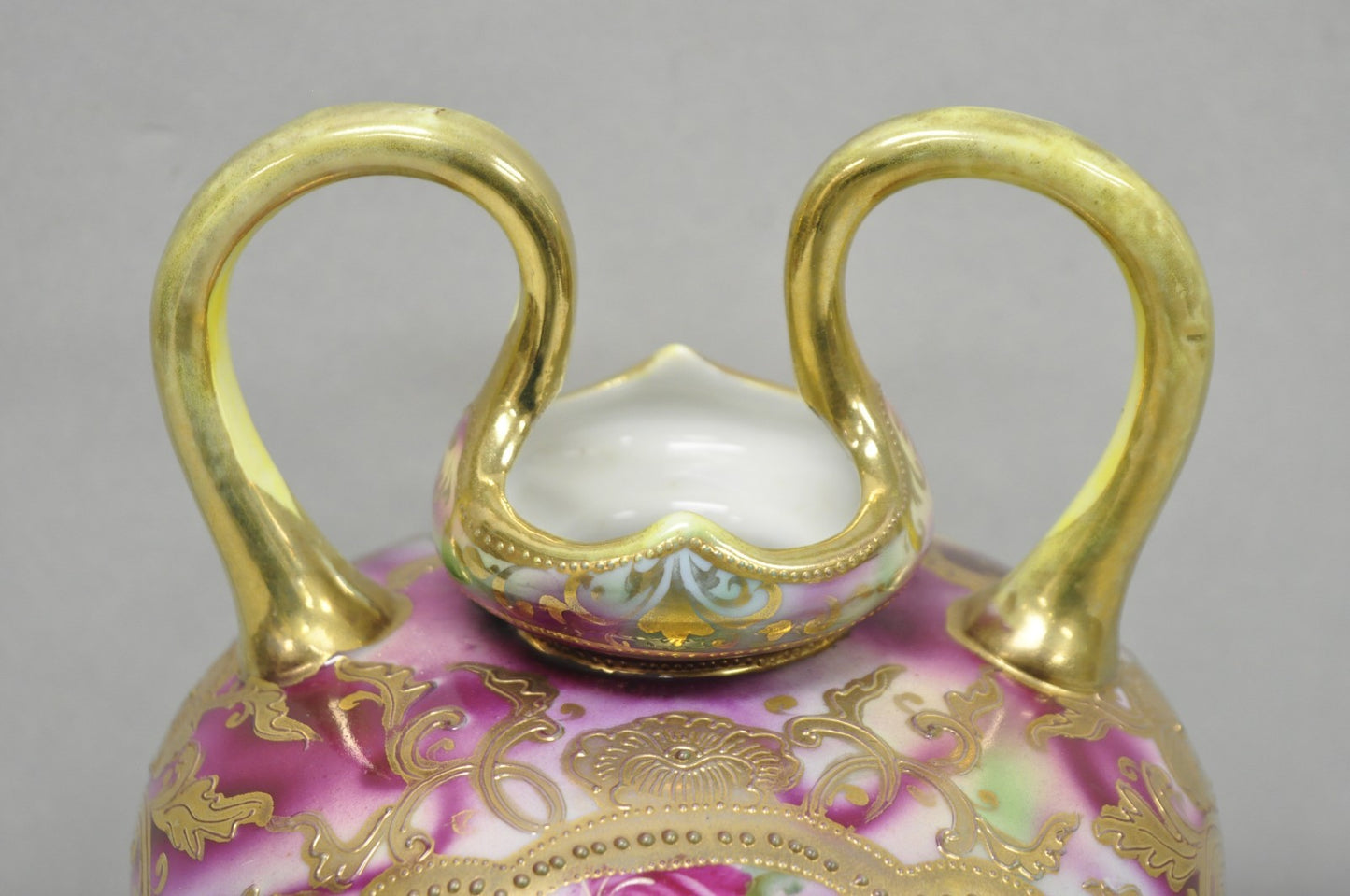 Antique Austrian Hand Painted Moriage Porcelain Double Swung Handle Bulbous Vase