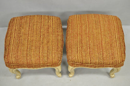 French Country Provincial Cabriole Leg Orange Square Footstool Ottoman Pair