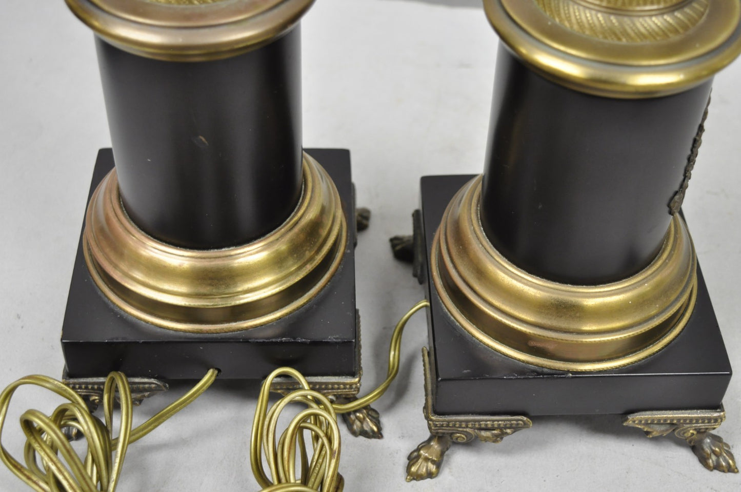 Vintage French Empire Style Black Column Brass Ormolu Bouillotte Table Lamp Pair