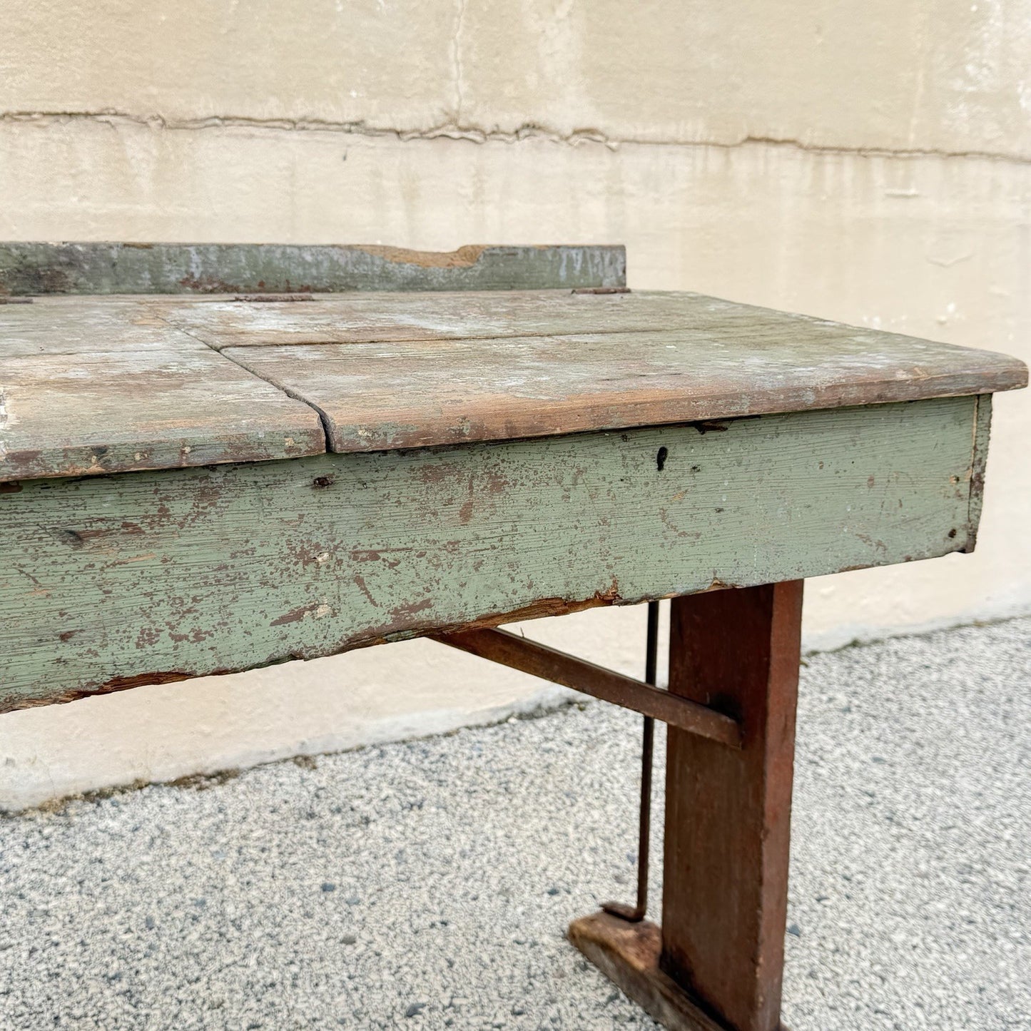 Antique French Primitive Rustic Green Distress Painted Flip Top Wood School Desk