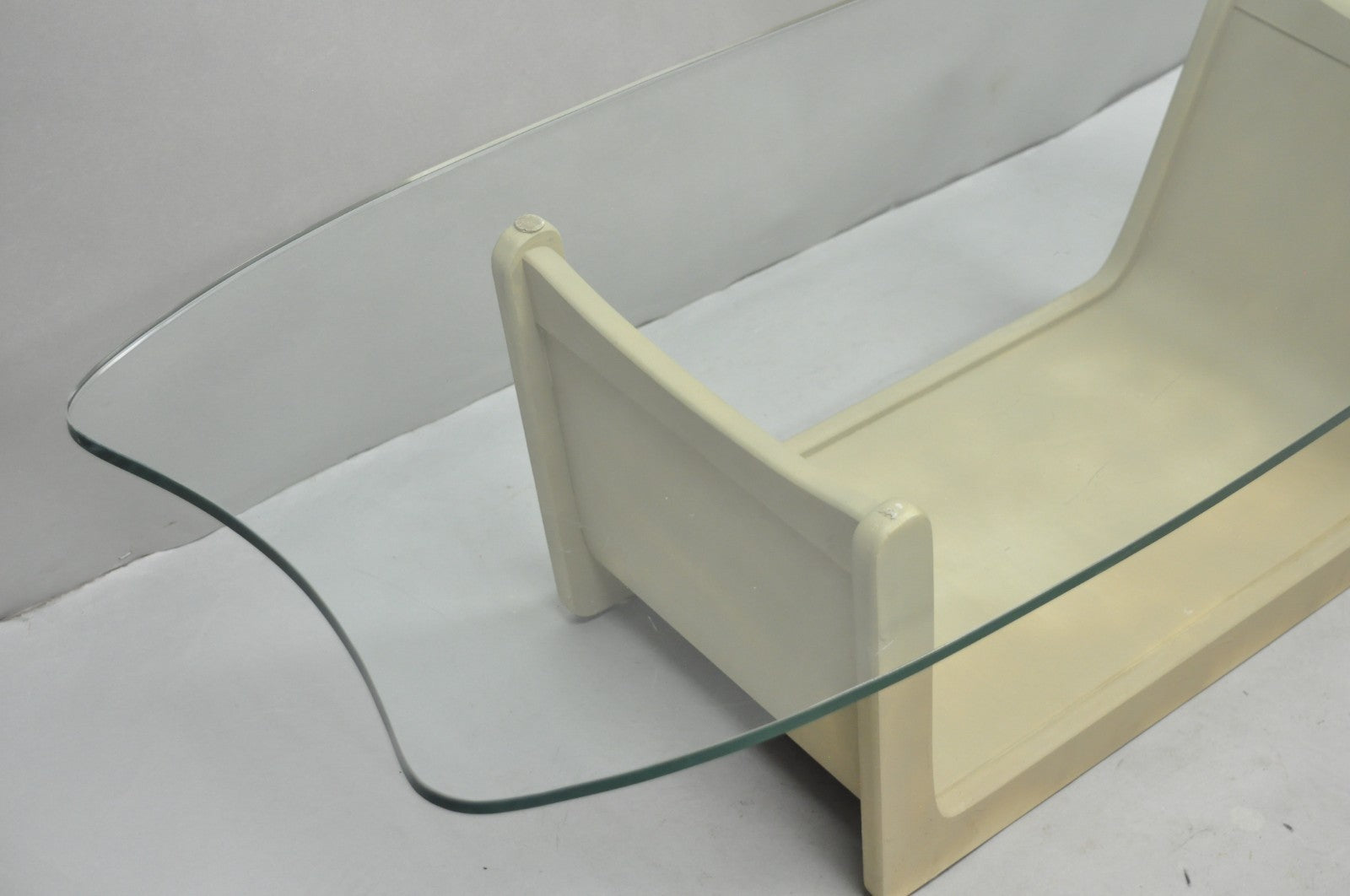 Vintage Mid Century Modern Painted Walnut Waterfall Base Glass Top Coffee Table