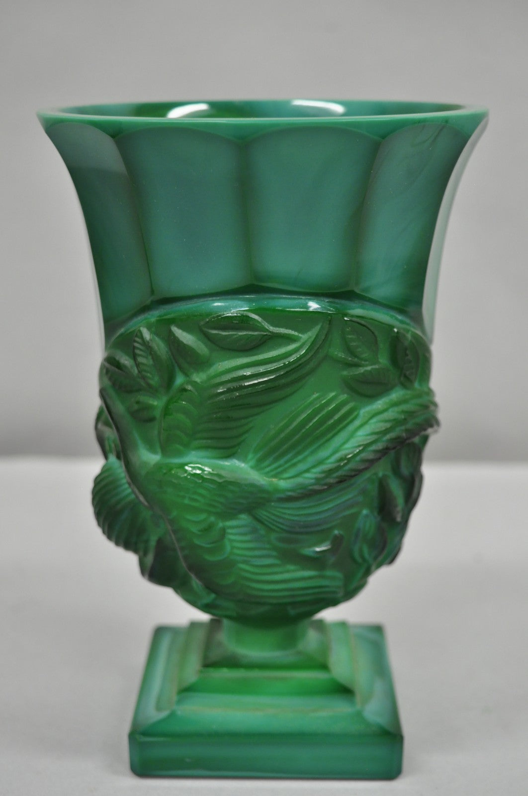 Antique Art Deco Malachite Jade Green Czech Glass Pedestal Vase with Bird
