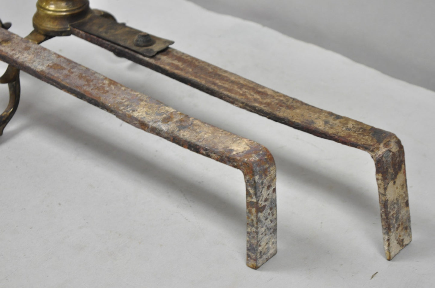 Antique English Colonial Brass Cannonball Branch Leg Andirons w/ Patina - a Pair